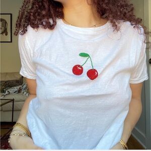 White tee with cherry beaded detail